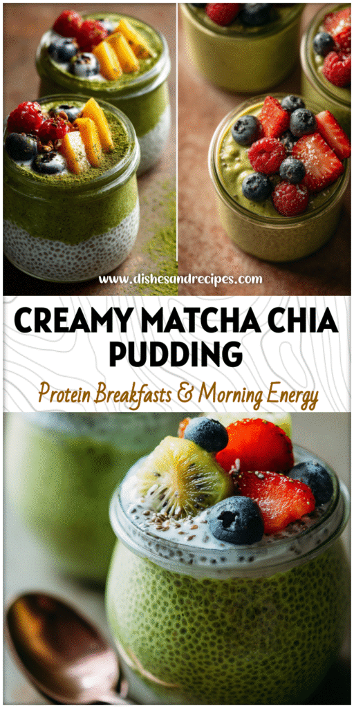 Glass jars of Matcha Chia Pudding Recipe With Coconut Milk topped with fruit showing Non-dairy Chia Pudding Ingredients.